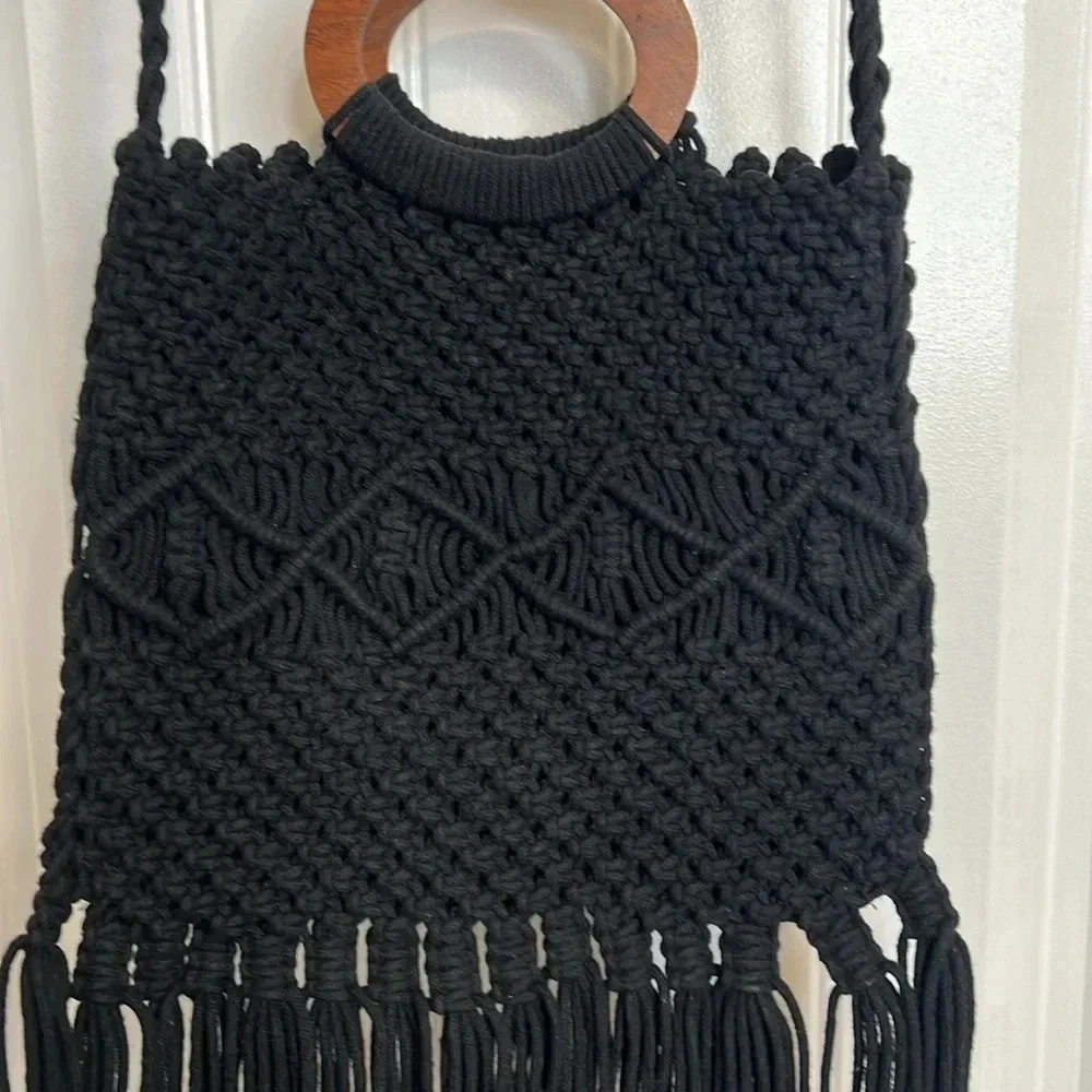 Danielle Nicole‎ Black Macramé Boho Crossbody/Handbag with Fringe. - Picture 11 of 16